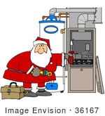 #36167 Clip Art Graphic Of Santa Repairing A Furnace With A Screwdriver