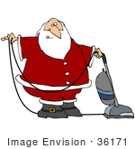 #36171 Clip Art Graphic Of Santa Claus Vacuuming A Floor