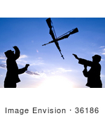 #36186 Stock Photo Of Two Silhouetted Soldiers Practicing An Over The Head Rifle Toss At Ellsworth Air Force Base