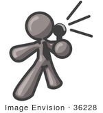 #36228 Clip Art Graphic Of A Grey Guy Character Making An Announcement With A Microphone