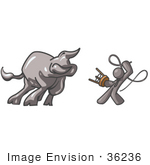 #36236 Clip Art Graphic Of A Grey Guy Character Fighting A Bull With A Whip