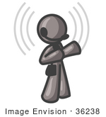 #36238 Clip Art Graphic Of A Grey Guy Character With Signals Using A Headset