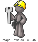 #36245 Clip Art Graphic of a Grey Guy Character Wearing a Tool Belt and Hardhat And Holding a Spanner by Jester Arts