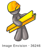 #36246 Clip Art Graphic Of A Grey Guy Character Wearing A Hardhat And Carrying A Beam