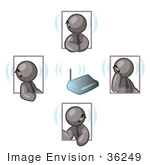 #36249 Clip Art Graphic Of Grey Guy Characters Holding A Meeting On Bluetooth Headsets
