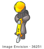 #36251 Clip Art Graphic Of A Grey Guy Character Operating A Jack Hammer