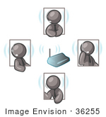 #36255 Clip Art Graphic Of Grey Guy Characters Holding A Meeting On Headsets
