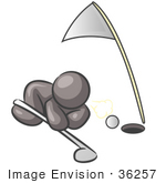 #36257 Clip Art Graphic Of A Grey Guy Character Trying To Blow A Golf Ball Into A Hole