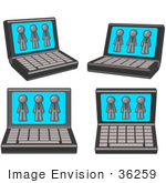 #36259 Clip Art Graphic of a Grey Guy Character on Four Laptop Computer Screens by Jester Arts