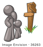 #36263 Clip Art Graphic Of A Grey Guy Character And Child At A Crossroads