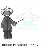 #36272 Clip Art Graphic Of A Grey Guy Character As Einstein Pointing To A Ufo