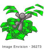 #36273 Clip Art Graphic Of A Grey Guy Character Jumping In A Pile Of Cash