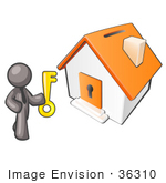 #36310 Clip Art Graphic Of A Grey Guy Character With A Key By A House