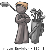 #36318 Clip Art Graphic Of A Grey Guy Character Golfing