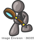 #36335 Clip Art Graphic of a Grey Guy Character Kneeling and Using a Magnifying Glass by Jester Arts