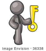 #36338 Clip Art Graphic Of A Grey Guy Character Holding A Gold Key