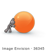 #36345 Clip Art Graphic Of A Grey Guy Character Pushing A Giant Orange Ball