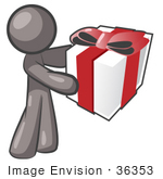 #36353 Clip Art Graphic Of A Grey Guy Character Holding A Gift