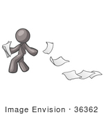 #36362 Clip Art Graphic Of A Grey Guy Character Dropping Papers