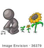 #36379 Clip Art Graphic Of A Grey Guy Character Planting Sunflower Seeds