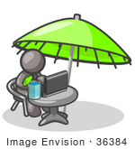 #36384 Clip Art Graphic Of A Grey Guy Character Working Under An Umbrella