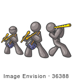 #36388 Clip Art Graphic Of Grey Guy Characters Playing Drums And Flute In A Band