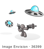 #36399 Clip Art Graphic Of A Grey Guy Character Fighting Ufos