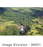 #36531 Stock Photo Of An Aerial View Of Wailua Falls And Its Surrounding Green Landscape In East Kauai Hawaii