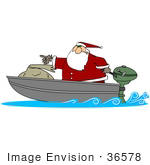 #36578 Clip Art Graphic of Santa Claus In A Motor Boat, Out For Delivering Toys by DJArt