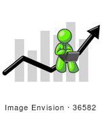 #36582 Clip Art Graphic of a Lime Green Guy Character Using a Laptop on a Bar Graph by Jester Arts