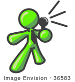 #36583 Clip Art Graphic Of A Lime Green Guy Character Announcing With A Microphone