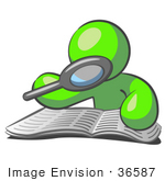 #36587 Clip Art Graphic Of A Lime Green Guy Character Reading A Book With A Magnifying Glass