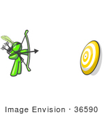 #36590 Clip Art Graphic Of A Lime Green Guy Character Shooting Arrows At A Target