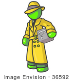 #36592 Clip Art Graphic Of A Lime Green Guy Character Investigator Carrying A Box