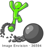 #36594 Clip Art Graphic Of A Lime Green Guy Character Breaking Free From A Ball And Chain