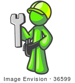 #36599 Clip Art Graphic Of A Lime Green Guy Character Holding A Spanner Tool