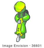 #36601 Clip Art Graphic Of A Lime Green Guy Character Operating A Jack Hammer