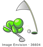 #36604 Clip Art Graphic Of A Lime Green Guy Character Trying To Blow A Golf Ball Into A Hole