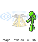#36605 Clip Art Graphic Of A Lime Green Guy Character Using A Cell Phone By A Tower