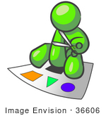 #36606 Clip Art Graphic Of A Lime Green Guy Character Cutting Out Shapes