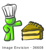 #36608 Clip Art Graphic Of A Lime Green Guy Character Chef With Chocolate Cake