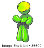 #36609 Clip Art Graphic Of A Lime Green Guy Character Wearing A Tool Belt And Waving