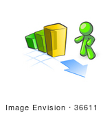 #36611 Clip Art Graphic of a Lime Green Guy Character With a Bar Graph by Jester Arts