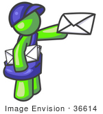 #36614 Clip Art Graphic of a Lime Green Guy Character Delivering Mail by Jester Arts