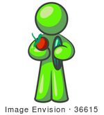 #36615 Clip Art Graphic Of A Lime Green Guy Character Holding Veggies