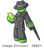 #36621 Clip Art Graphic Of A Lime Green Guy Character With A Cane Checking A Pocket Watch