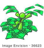 #36623 Clip Art Graphic Of A Lime Green Guy Character Jumping In A Pile Of Cash