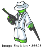 #36628 Clip Art Graphic Of A Lime Green Guy Character With A Cane Holding A Gun
