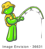 #36631 Clip Art Graphic of a Lime Green Guy Character Fishing by Jester Arts