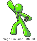 #36633 Clip Art Graphic Of A Lime Green Guy Character Dancing And Listening To Music With An Mp3 Player